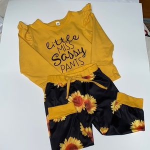 Size 90 or 18M 2 piece miss sassy pants outfit sunflower pants orange an black